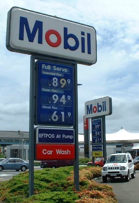 Fuel Price Wars for Christmas Shoppers,  'Unleaded 91' was 89.9 cents a litre at Mobil, 99.9 cents at Challenge, Palmerston North, Manawatu, New Zealand - 23 December 2000