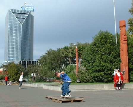 NZ's top Town Crier is 'local' Caroline Robinson (bottom right) - in 'The Square' together with local Skateboarders, Palmerston North city, Manawatu, New Zealand - 14 July 2001