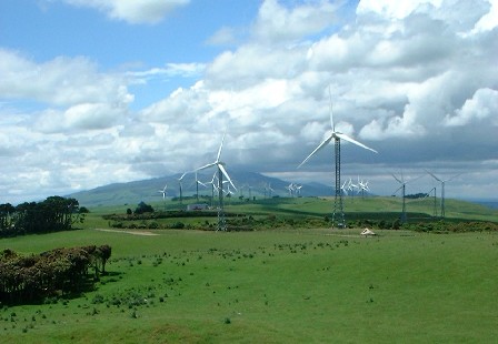 Wind Power Farm on the Tararua Ranges, Wharite peak in the background, Manawatu, New Zealand - 16 December 2001