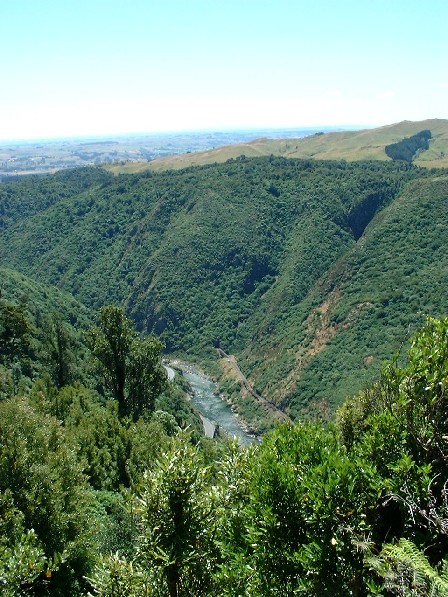 Looking down on the Manawatu Gorge road, rail and river via the public walking track, Manawatu, New Zealand - 6 February 2003