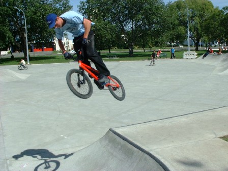 Luke is airborne. The BMX, Skateboard, and Rollerblade area/facilities at the Railway Land Park, Palmerston North, Manawatu, New Zealand - 7 March 2004