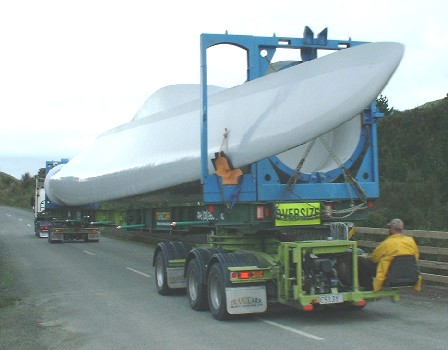 The back end of the trailer, delivering the top ends to the Te Apiti Wind Farm construction, north side of Manawatu Gorge, Tararua & Manawatu, New Zealand - 23 May 2004