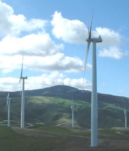 Wind Power Farm named Te Apiti, on the northern side of the Manawatu Gorge, Wharite peak in the background, Manawatu, New Zealand - 31 August 2004