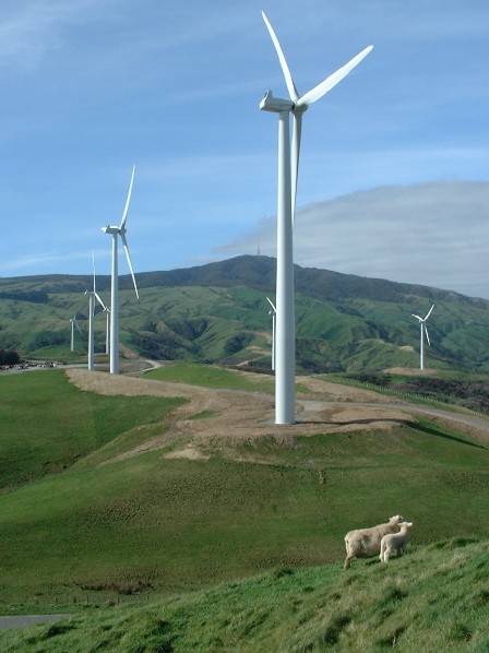 Wind Power Farm named Te Apiti, on the northern side of the Manawatu Gorge, Wharite peak in the background, Manawatu, New Zealand - 3 October 2004