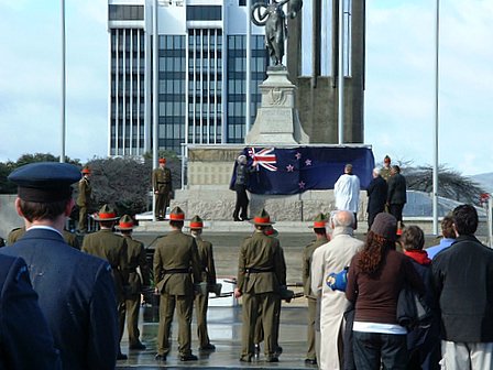 Governor-General of New Zealand, Dame Silva Cartwright, unveils the Palmerston North city Cenotaph in The Square - re-dedication service remembering 907 names and marking the 60th anniversary of the end of World War II. Palmerston North, Manawatu, New Zealand - 13 August 2005